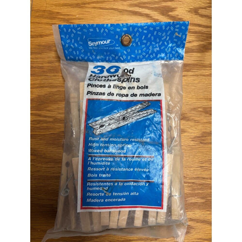 Vtg Seymour High Tension Waxed Wood Clothespins Rust Resistant Package 36 NIP